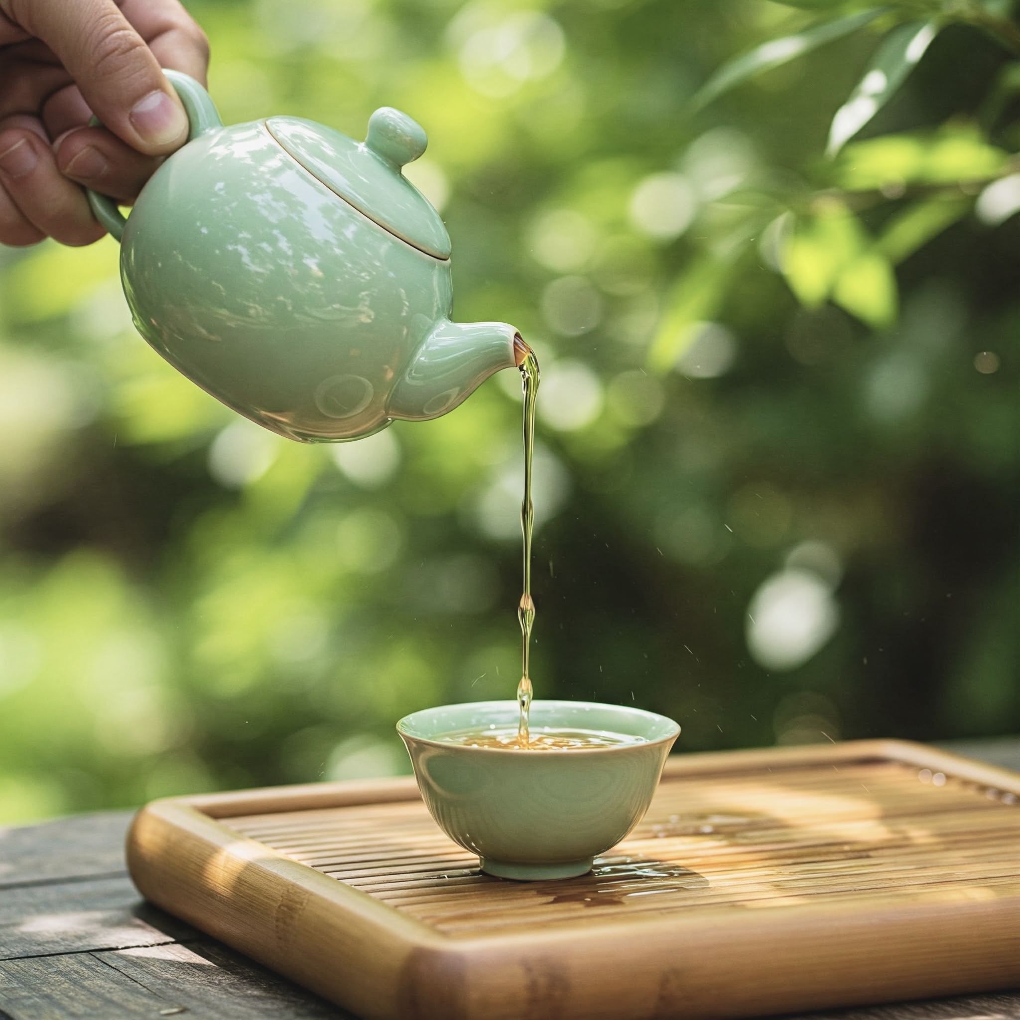 Hand-picked specialty loose leaf tea poured from a celadon teapot
